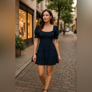 Navy Puff Sleeve Tiered Mini Dress Square Neck‎ Trixxi Size Large